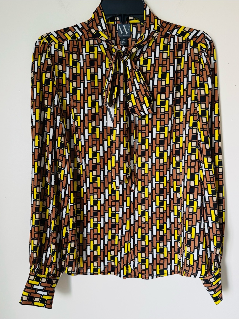 Worthington Brown Geometric Tie-Neck Blouse with Yellow Accents